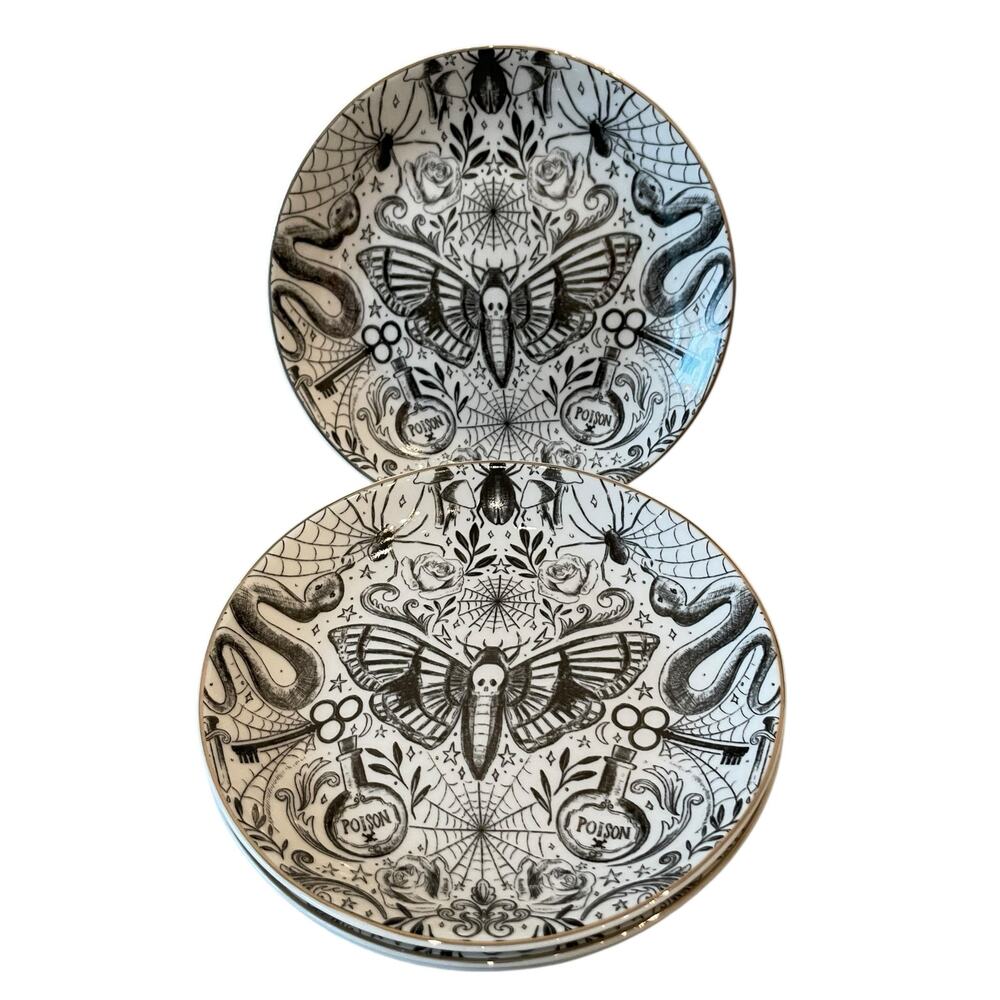 Grace Teaware Fine Porcelain Halloween Appetizer Plates 6" Black White 4pc NEW